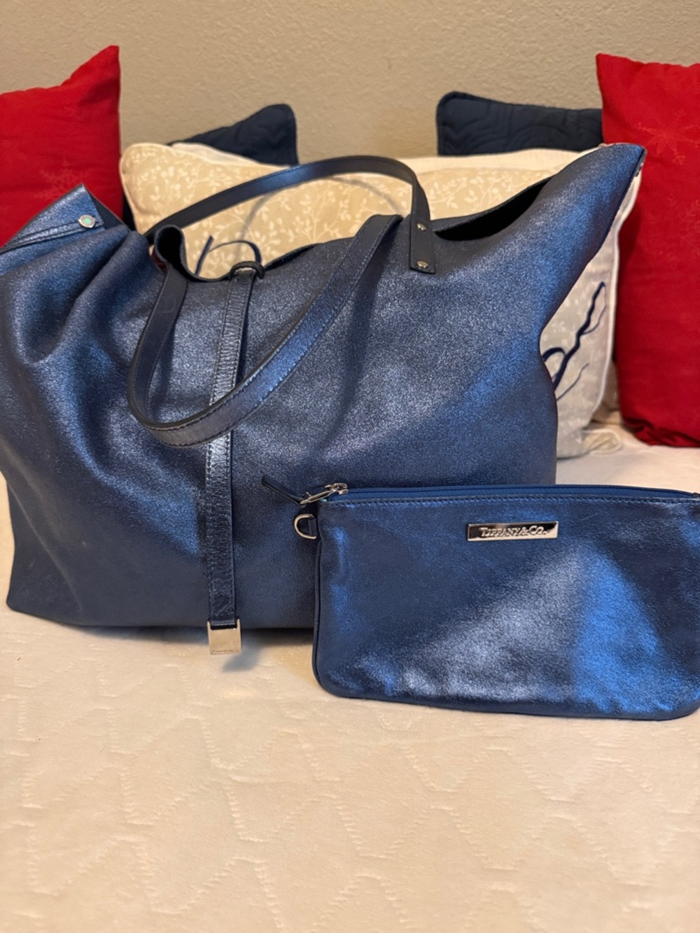 Tiffany & Co. Metallic Navy Leather Tote with Matching Pouch